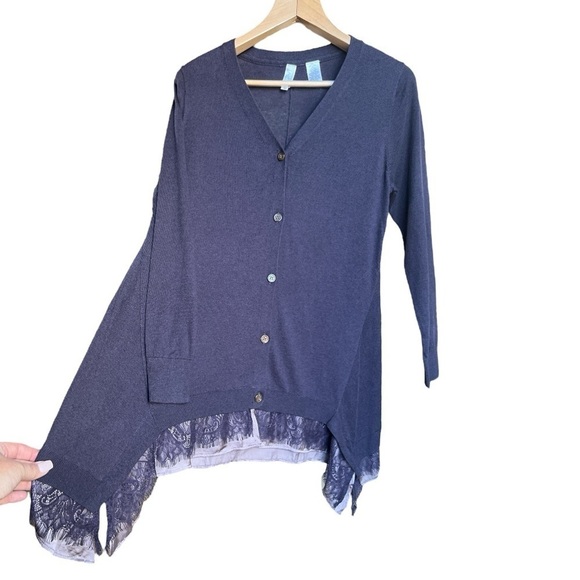 Tamsy Women’s Cashmere Cotton Navy Blue Lace Hem Tunic Cardigan Sweater, Small - Picture 4 of 8